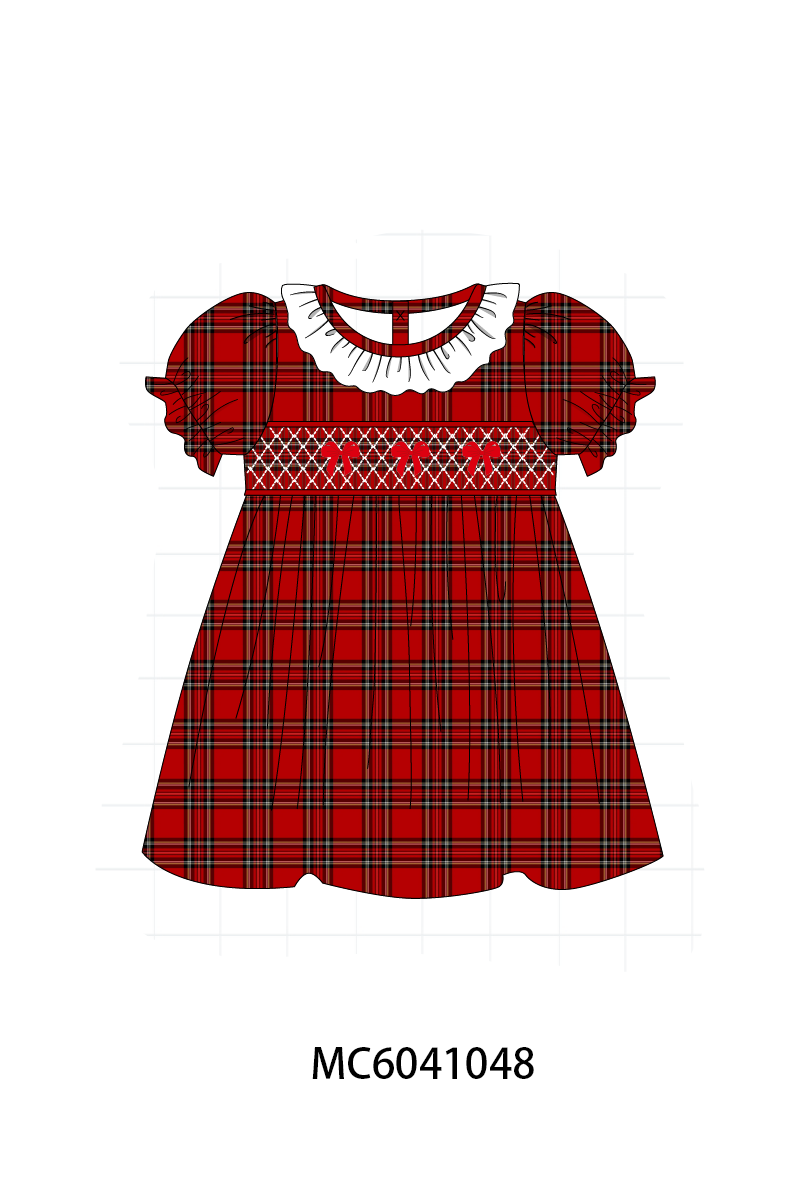 Red Plaid Bow Smocked Ruffe Dress