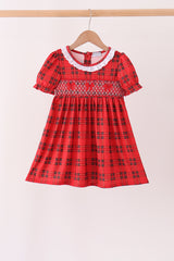 Red Plaid Bow Smocked Ruffe Dress