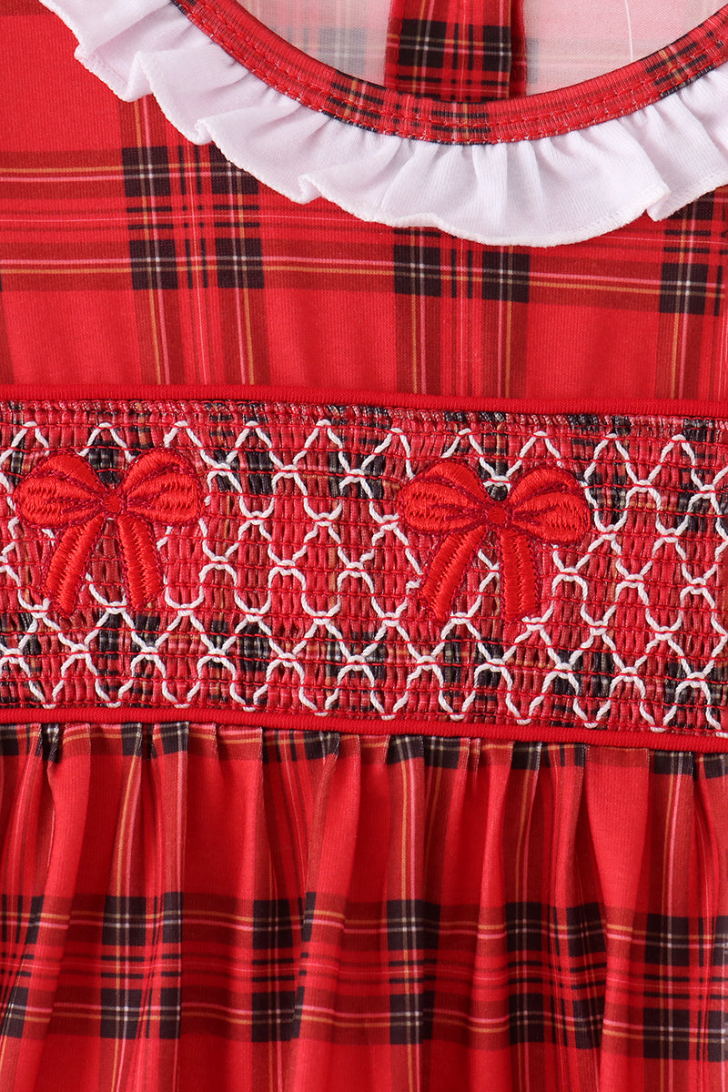 Red Plaid Bow Smocked Ruffe Dress