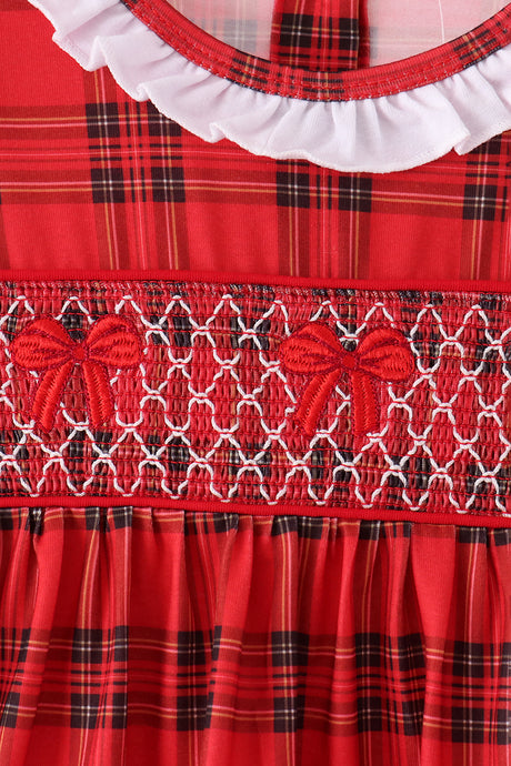 Red Plaid Bow Smocked Ruffe Dress