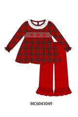 Red Plaid Bow Smocked Ruffle Pants Set
