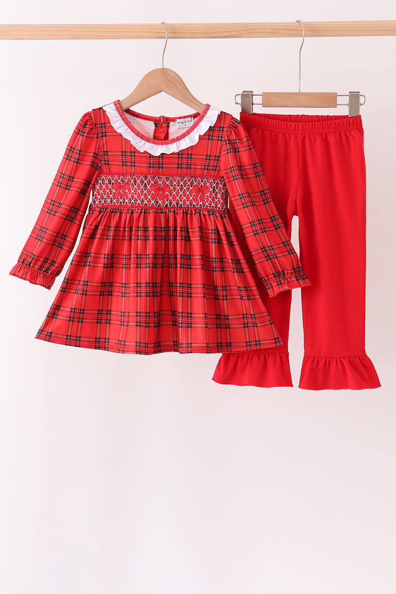 Red Plaid Bow Smocked Ruffle Pants Set