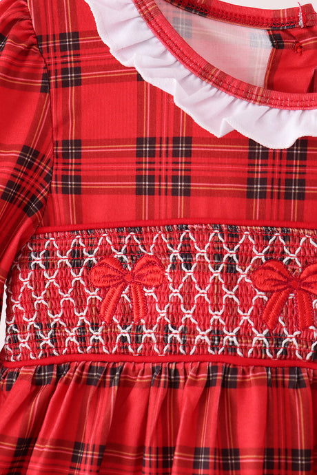 Red Plaid Bow Smocked Ruffle Pants Set