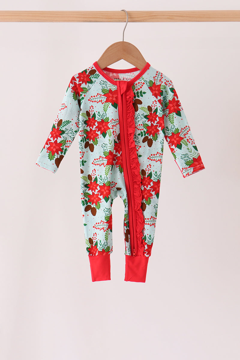 Red Floral Ruffle Zip Bamboo Romper