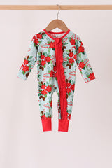Red Floral Ruffle Zip Bamboo Romper
