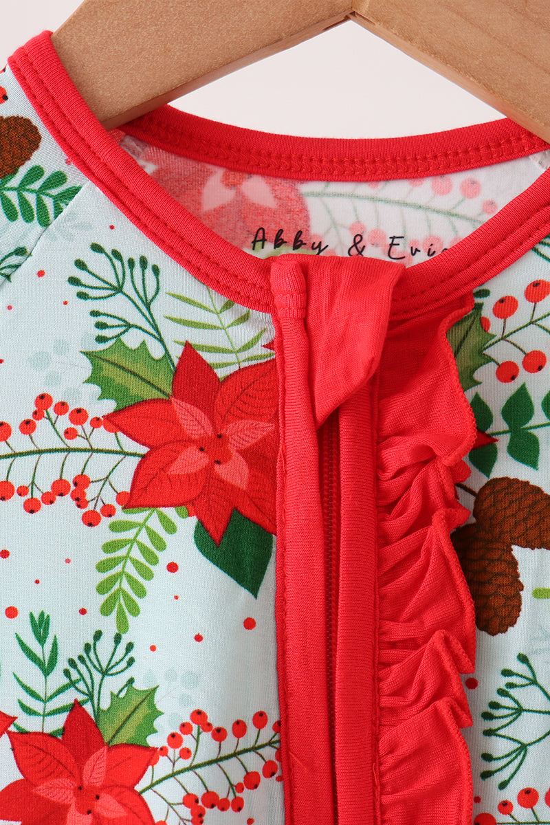 Red Floral Ruffle Zip Bamboo Romper