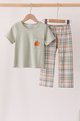 Sage Pumpkin Embroidery Plaid pants set
