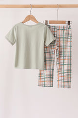 Sage Pumpkin Embroidery Plaid pants set