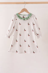 Green Duck Embroidery Gingham Dress
