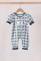Blue mallard duck embroidery ruffle romper