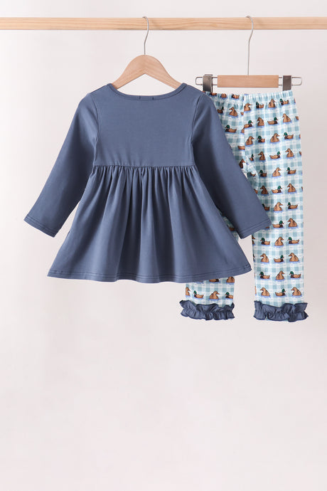 Blue mallard duck embroidery ruffle pants set
