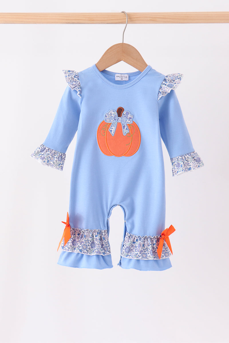 Blue pumpkin applique ruffle romper