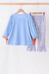 Blue pumpkin applique ruffle pants set