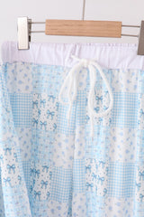 Blue floral bow checkered mom&me pants set