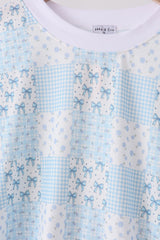 Blue floral bow checkered mom&me pants set