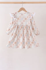 Khaki farm checkered ruffle dress