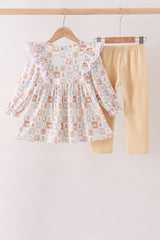 Khaki farm checkered ruffle pants set