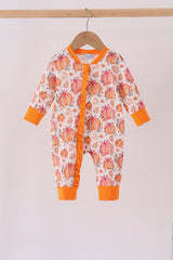 Orange Pumpkin Print Ruffle Romper