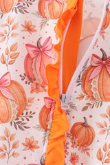 Orange Pumpkin Print Ruffle Romper