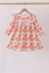 Orange Pumpkin Print Ruffle Dress