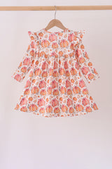 Orange Pumpkin Print Ruffle Dress