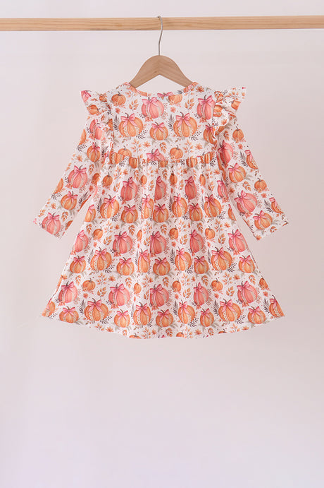 Orange Pumpkin Print Ruffle Dress