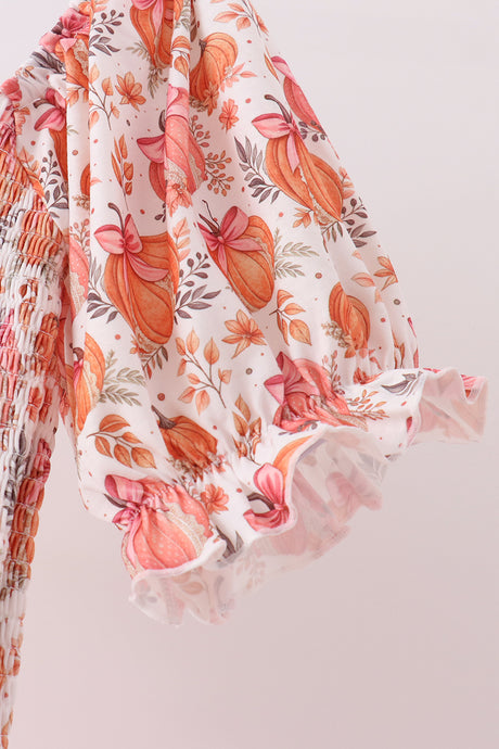 Orange Pumpkin Print Smocked Mom Dress