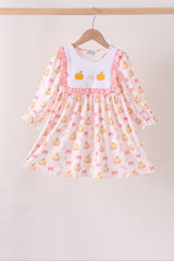 Pink pumpkin bow embroidery ruffle dress