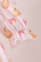 Pink pumpkin bow embroidery ruffle dress