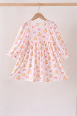 Pink pumpkin bow embroidery ruffle dress
