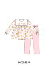 Pink pumpkin bow embroidery ruffle pants set