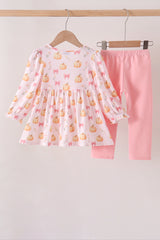 Pink pumpkin bow embroidery ruffle pants set