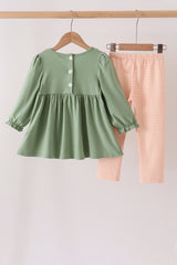 Green farm embroidery ruffle pants set
