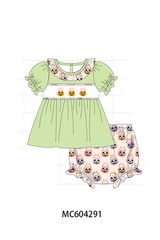 Green Jack-O-Lantern embroidery ruffle bloomer set