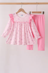 Pink floral bow ruffle pants set