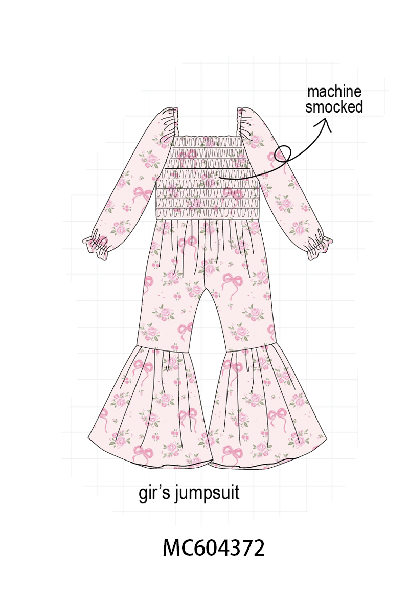 Pink Floral Bow Smocked Jumpsuit
