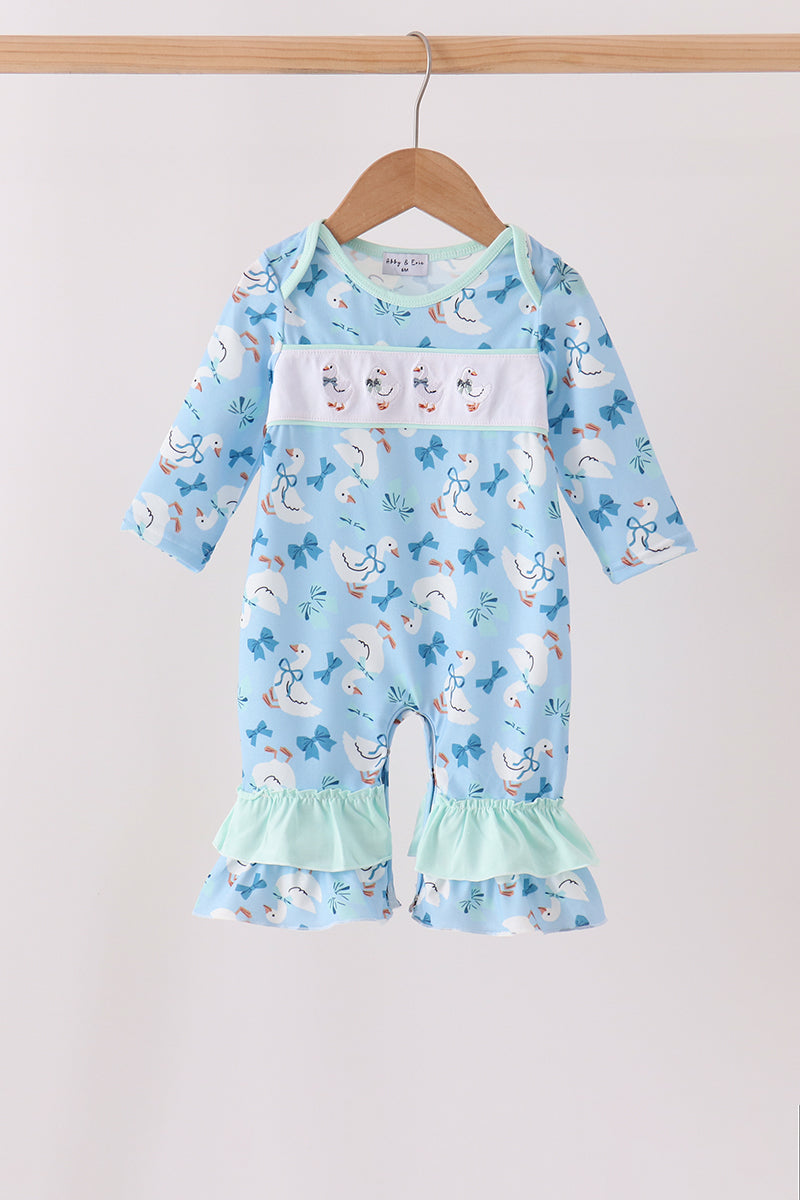 Blue goose bow embroidery ruffle romper