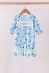 Blue goose bow embroidery ruffle romper