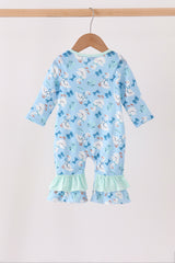 Blue goose bow embroidery ruffle romper