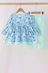 Blue goose bow embroidery ruffle set