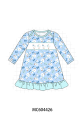Blue goose bow embroidery ruffle dress
