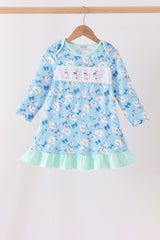 Blue goose bow embroidery ruffle dress