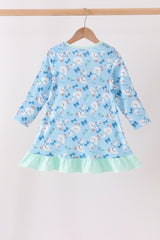 Blue goose bow embroidery ruffle dress