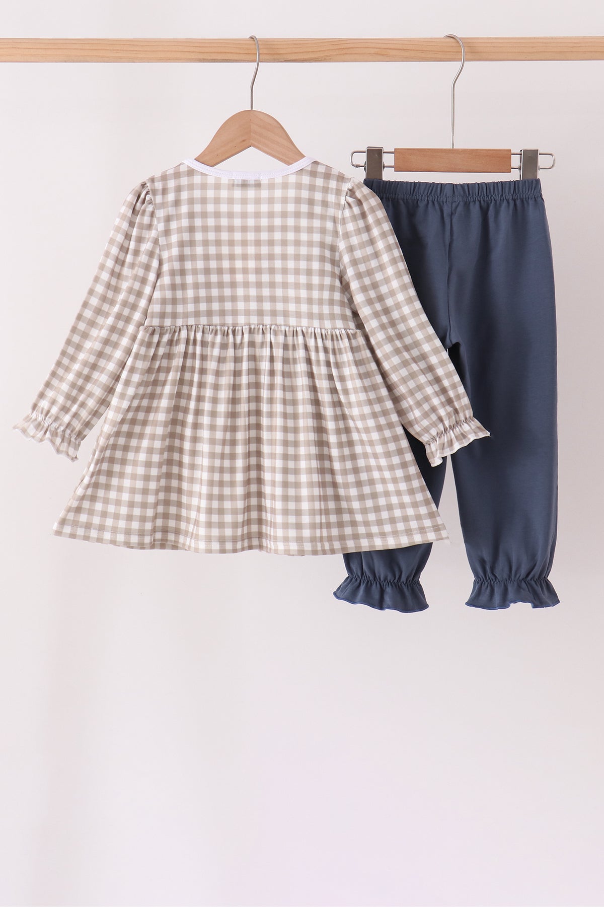 Teal cotton embroidery gingham ruffle pants set