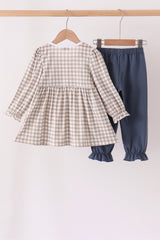 Teal cotton embroidery gingham ruffle pants set