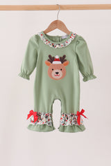 Sage Reindeer Applique Ruffle Romper
