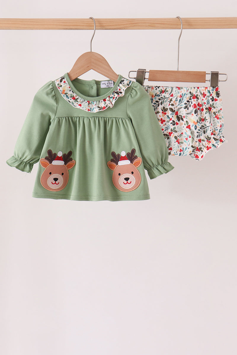 Sage Reindeer Applique Ruffle Bloomer Set