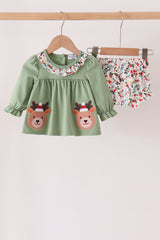 Sage Reindeer Applique Ruffle Bloomer Set