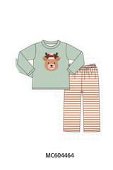 Sage Reindeer Applique Stripe Pants Set