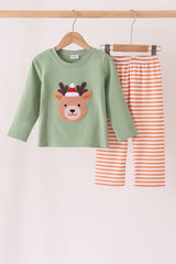 Sage Reindeer Applique Stripe Pants Set